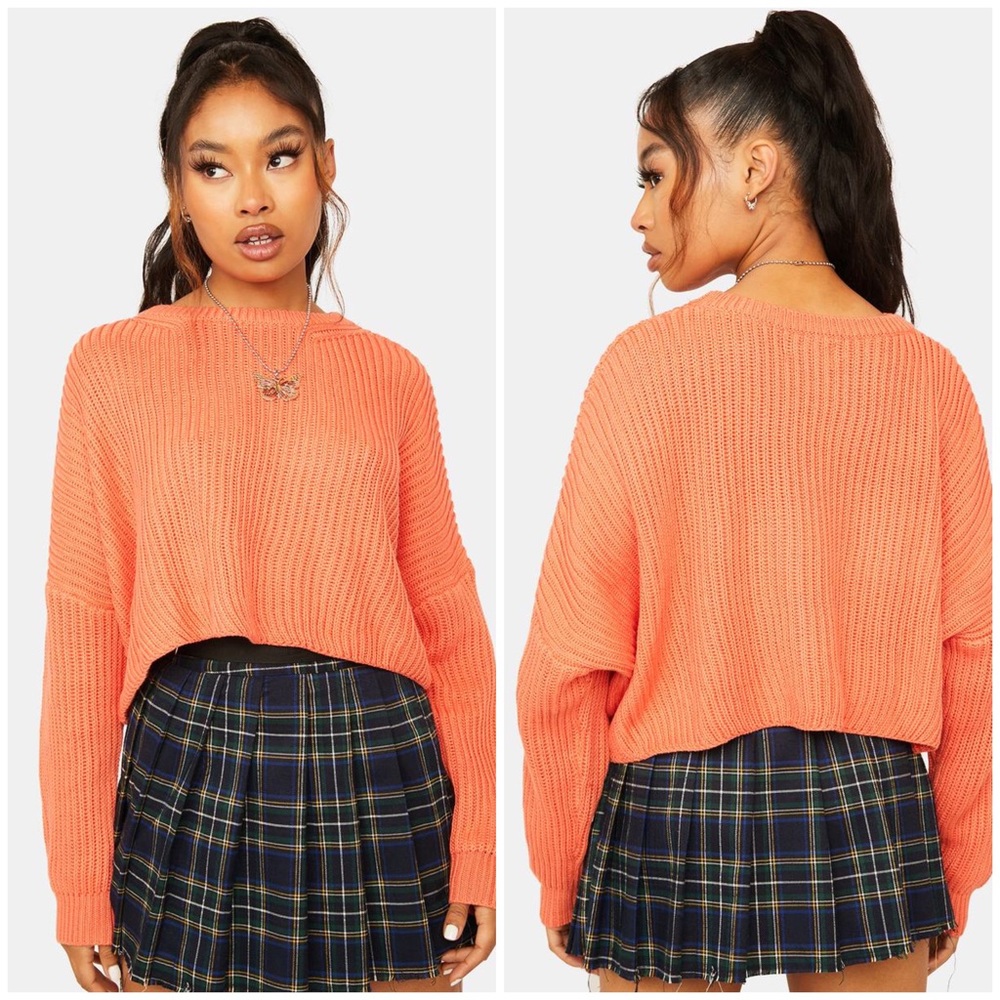 NWT Dolls Kill Long Sleeve Boxy Knit Sweater Orange Festival Vacation Halloween